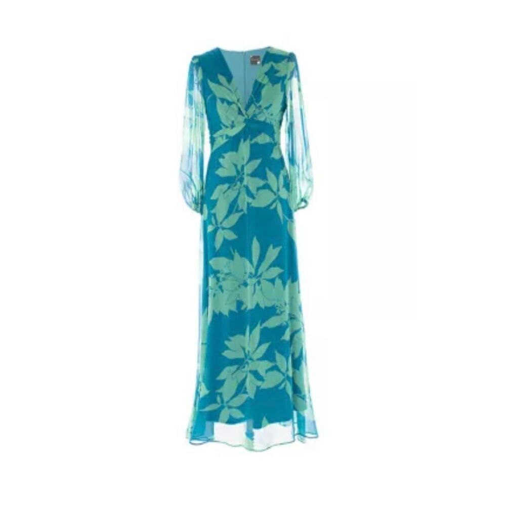 Teal & Lime Floral Chiffon Empire Waist Maxi Dress 12 Romantic Bishop Sleeve